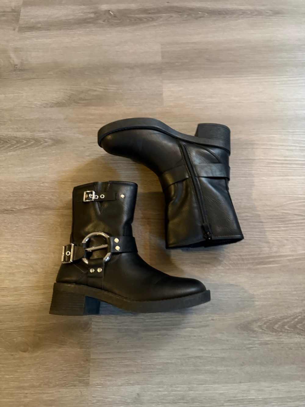 Black Mid-Calf Motorcycle Boots with Silver Hardware